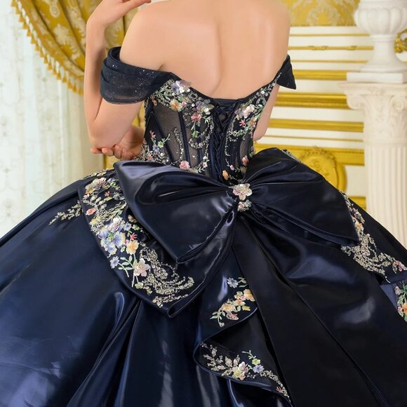 New Navy Off The Shoulder Quinceanera Floral Dress w/ Layered Skirt GL3792 - Picture 9 of 13